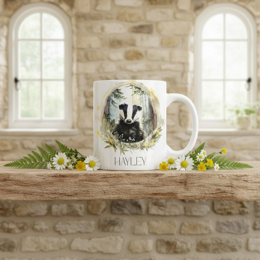 Mug with badger design and 'Hayley' text on a wooden surface with flowers, against a stone wall background.