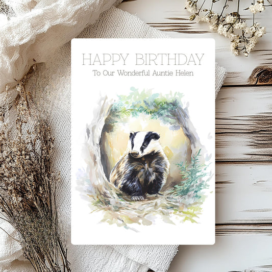 Birthday card with badger illustration on a rustic background