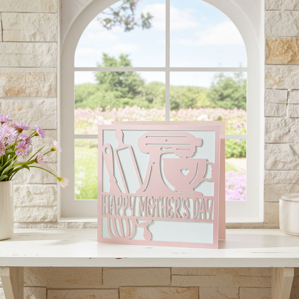 personalised baking card on a table with a scenic background