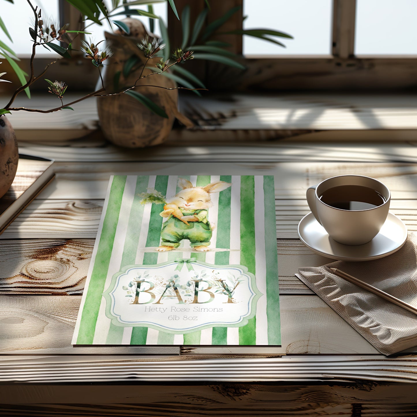 A personalised baby card with green and white vertical stripes and a bunny illustration lies on a rustic wooden table. A cup of coffee on a saucer, a napkin, and a vase with branches are arranged around it in a warm, sunlit setting.