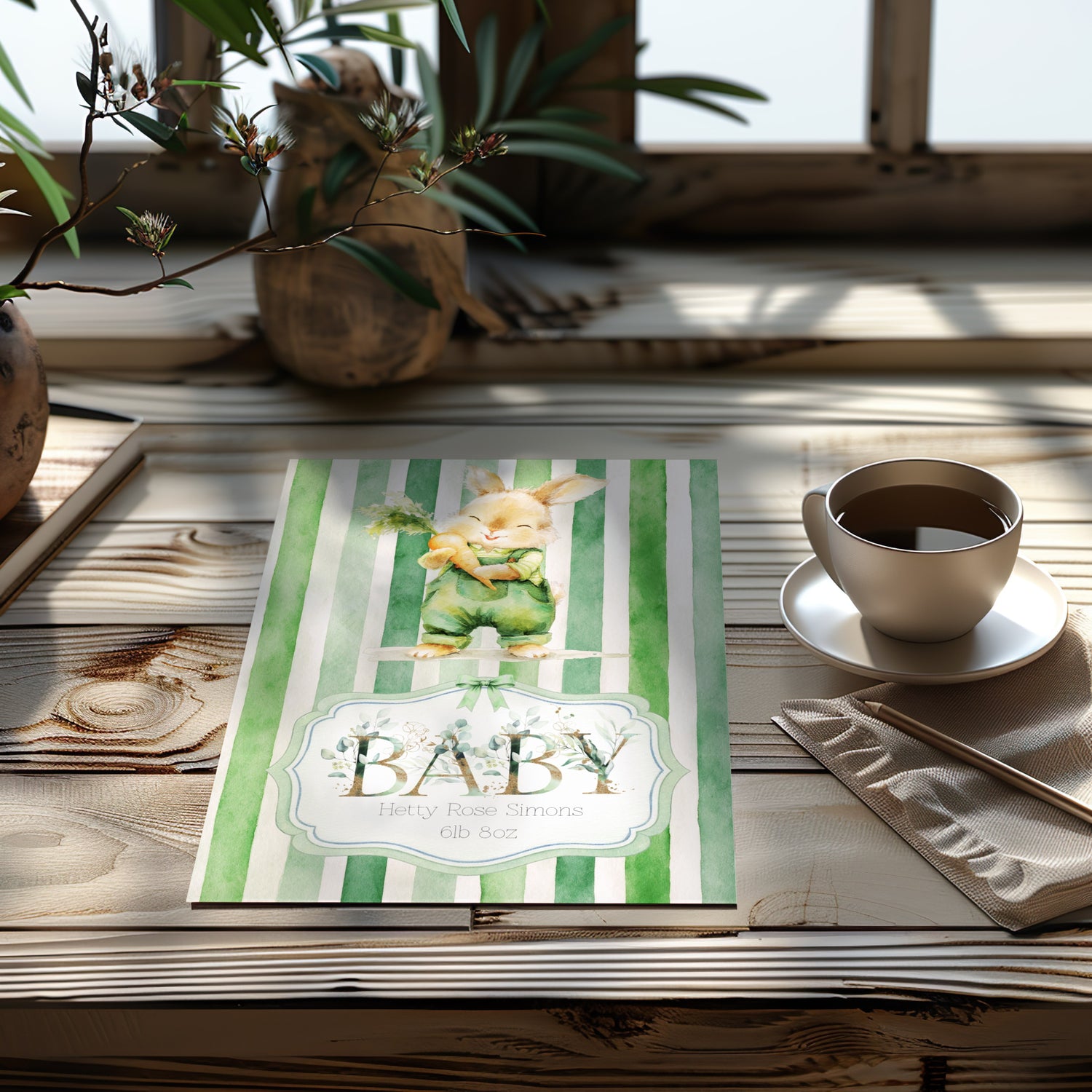 A personalised baby card with green and white vertical stripes and a bunny illustration lies on a rustic wooden table. A cup of coffee on a saucer, a napkin, and a vase with branches are arranged around it in a warm, sunlit setting.
