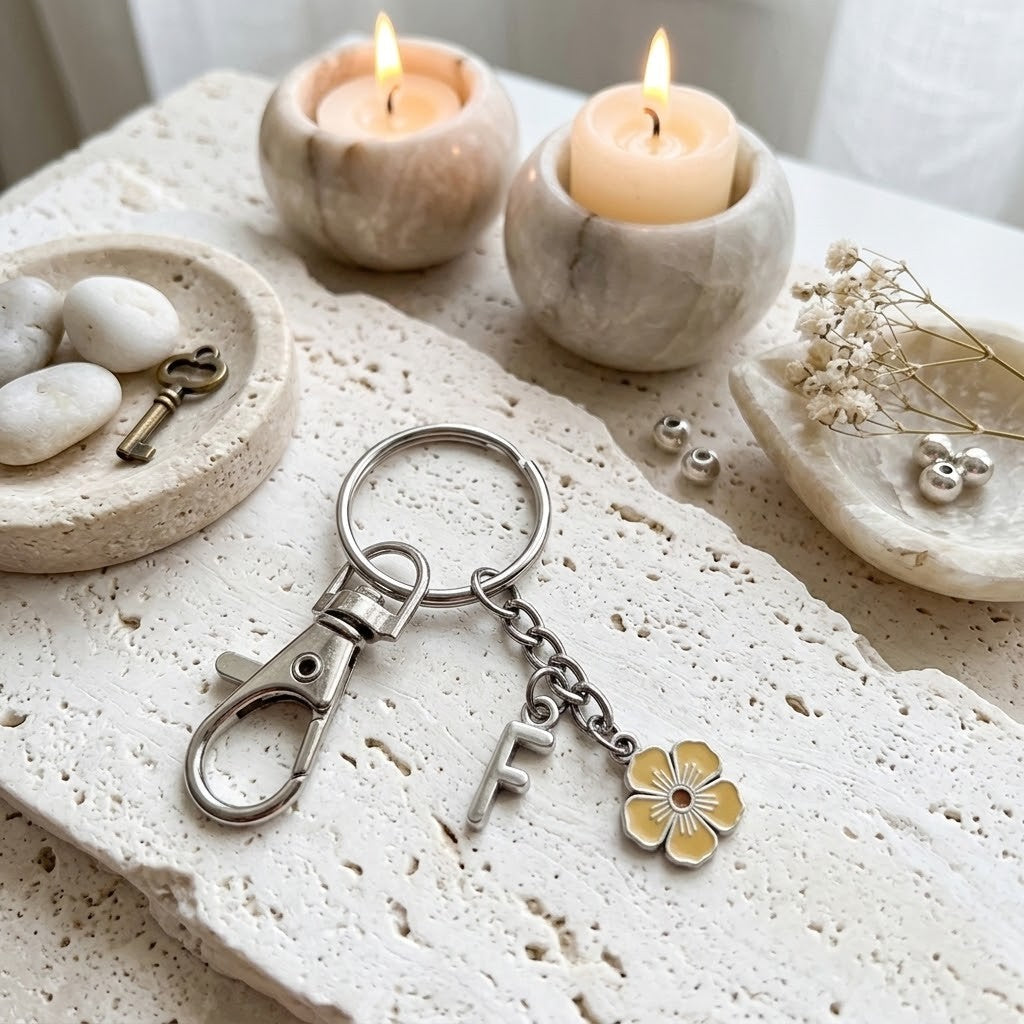 A silver-toned metal keychain with a lobster clasp, a letter 'F' charm, and a small yellow flower charm, displayed on a textured stone slab with candles and decorative stones in the background.