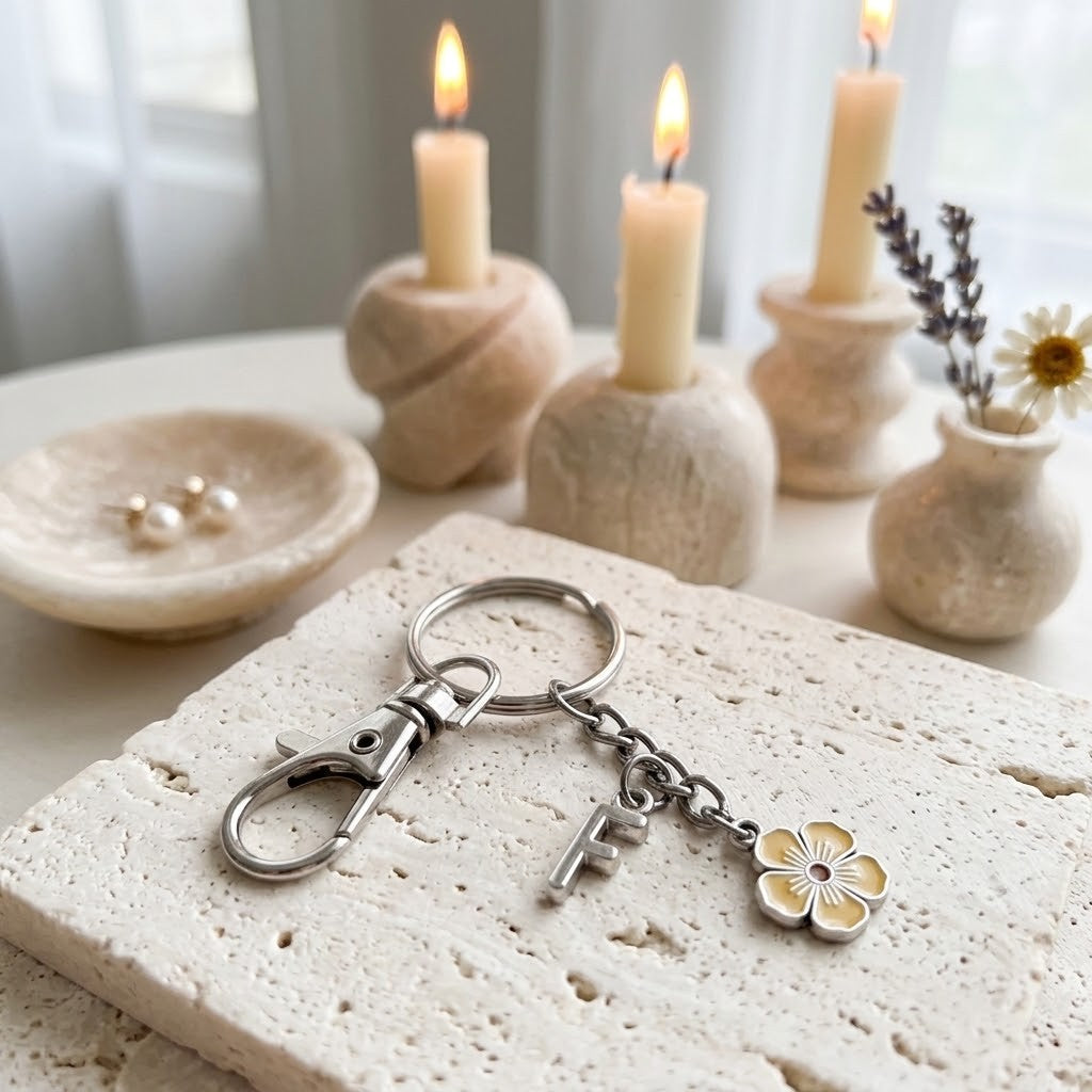 A silver-toned keychain with a lobster clasp, a small key charm, and a yellow flower charm resting on a textured stone slab. The background features a softly blurred warm home setting with lit candles in ceramic holders and a small dish of pearl-like beads.