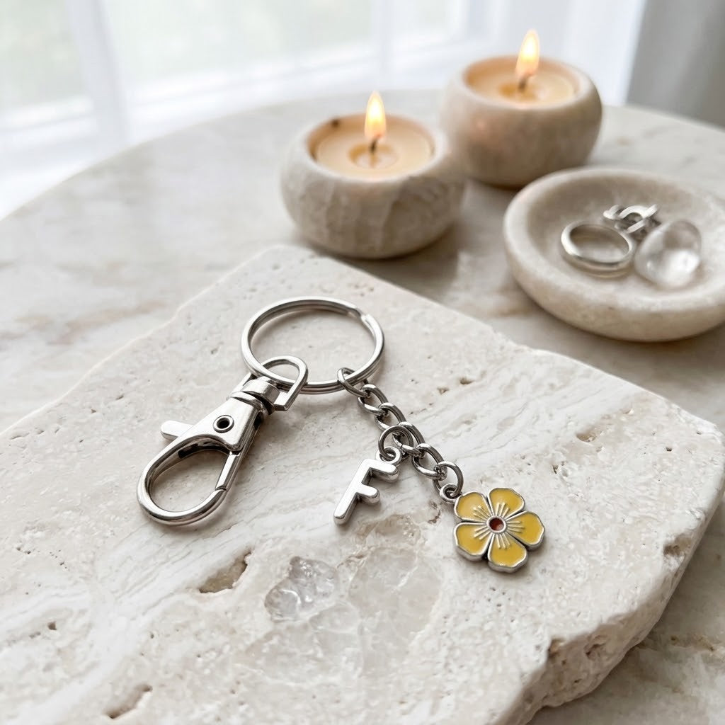 A silver-tone keychain with a lobster clasp, a small letter F charm, and a yellow flower charm with a red centre, displayed on a textured stone slab with lit candles in the background.