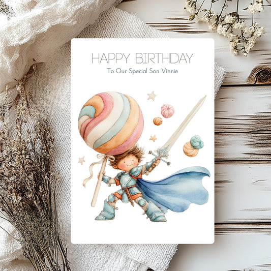 Personalised son card with boy holding a sword and lollipop