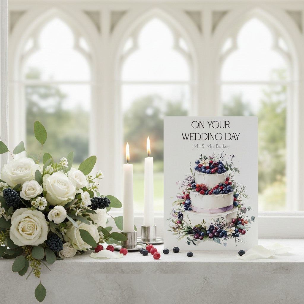 Wedding cake with 'On Your Wedding Day' card and floral arrangement in front of a window.