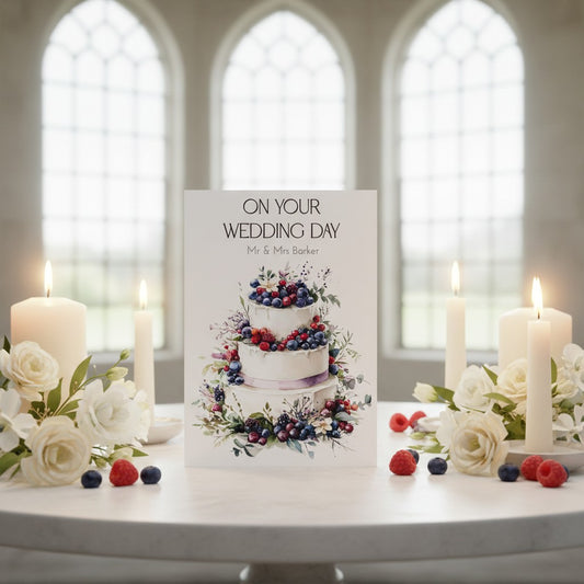 Wedding card with cake illustration on a table with candles and flowers