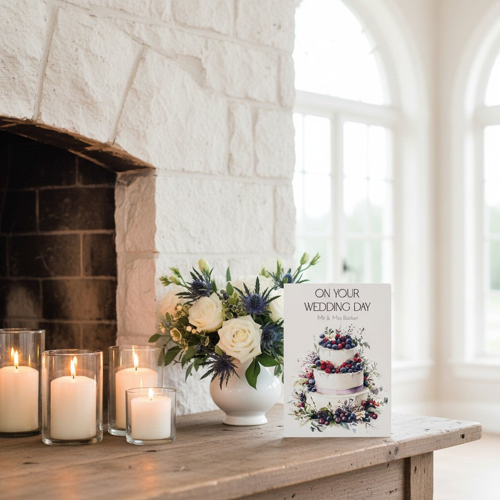 Decorative setup with candles, flowers, and a card on a wooden table in a bright room.