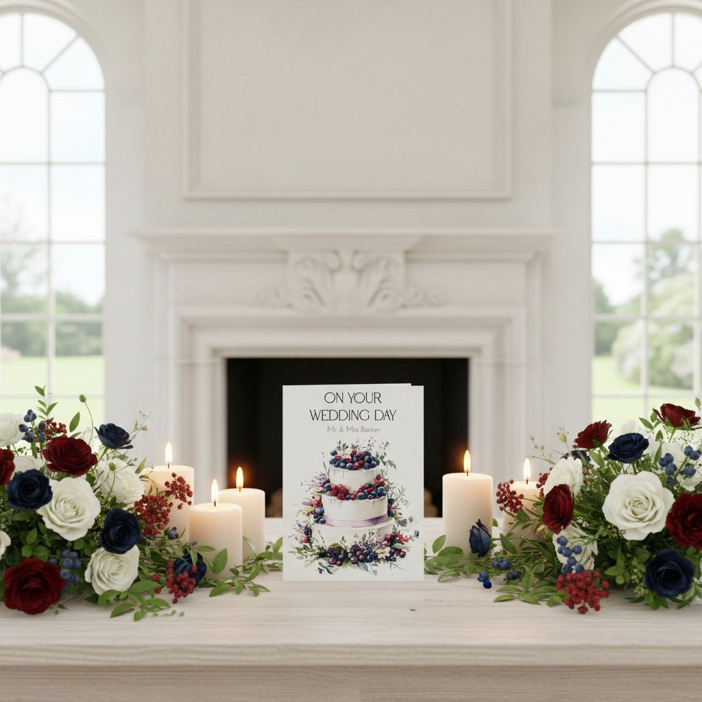 Decorative setup with flowers and a card on a mantelpiece in a room with large windows.