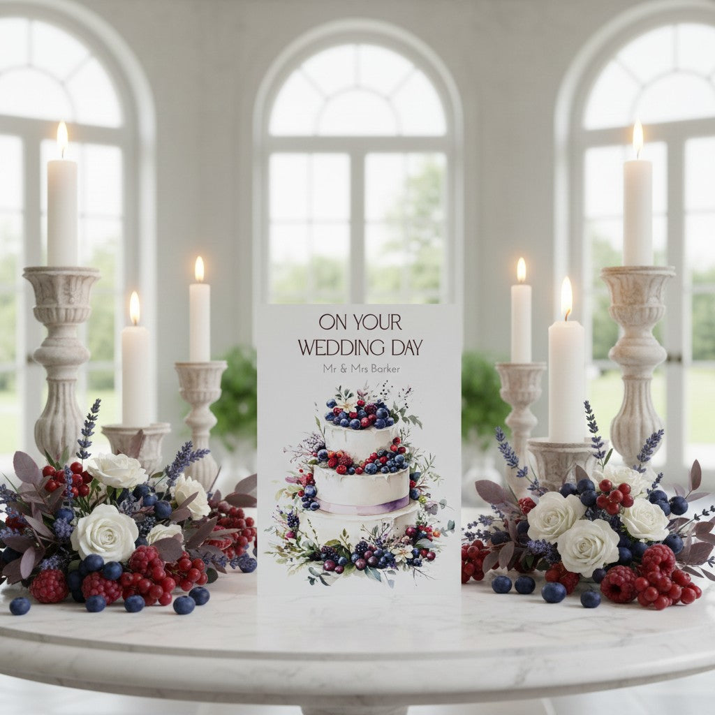 Wedding card with floral design on a table with candles and flower arrangements.