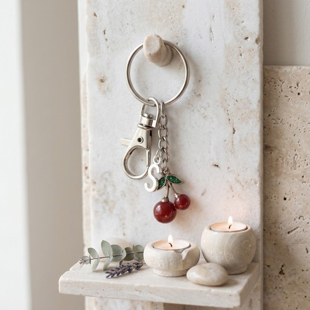 A silver metal keychain with a charm shaped like two red cherries with green leaves, hanging from a round peg on a textured stone pillar. The scene is styled with two lit candles in small stone holders, a small green sprig, and lavender on a matching stone shelf below.