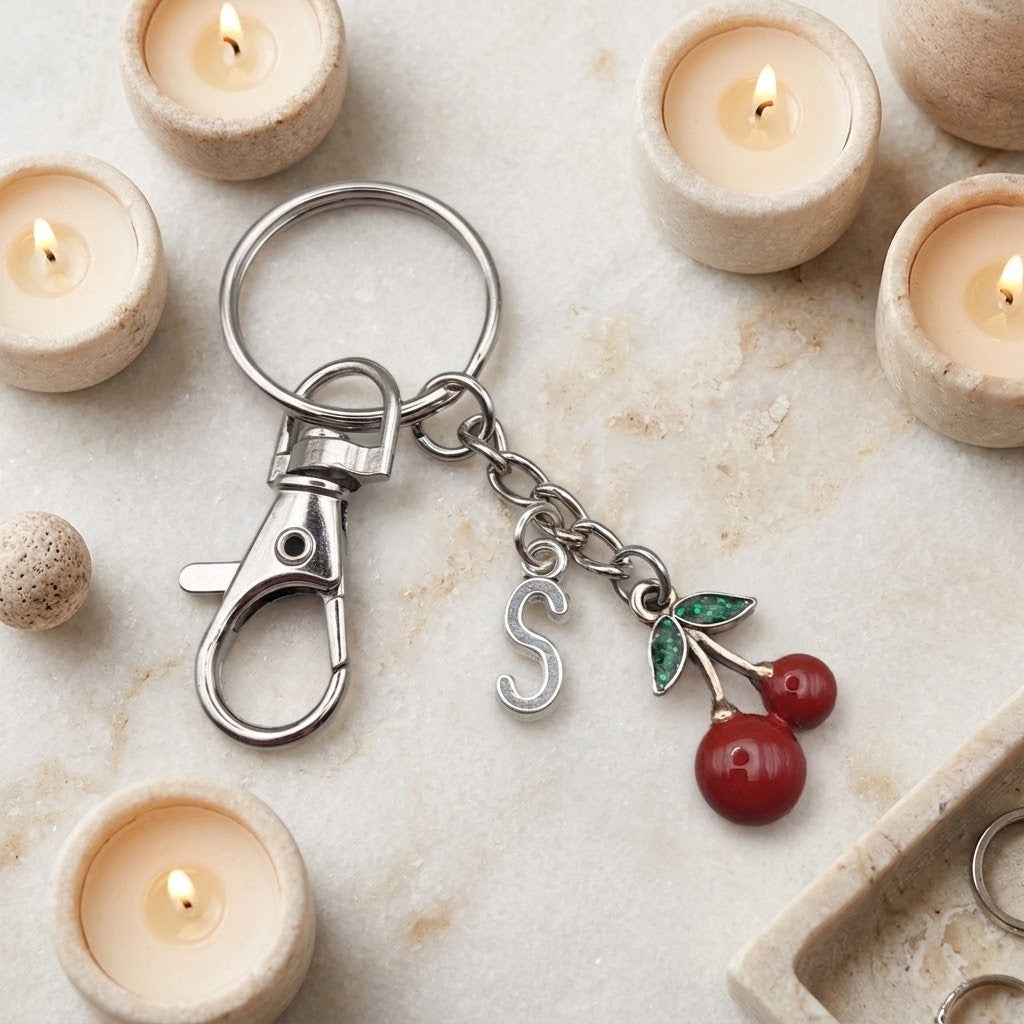 A silver metal keychain with a lobster clasp, a hanging letter 'S' charm, and a cherry charm with red cherries and green leaves, styled on a marble surface with lit candles.