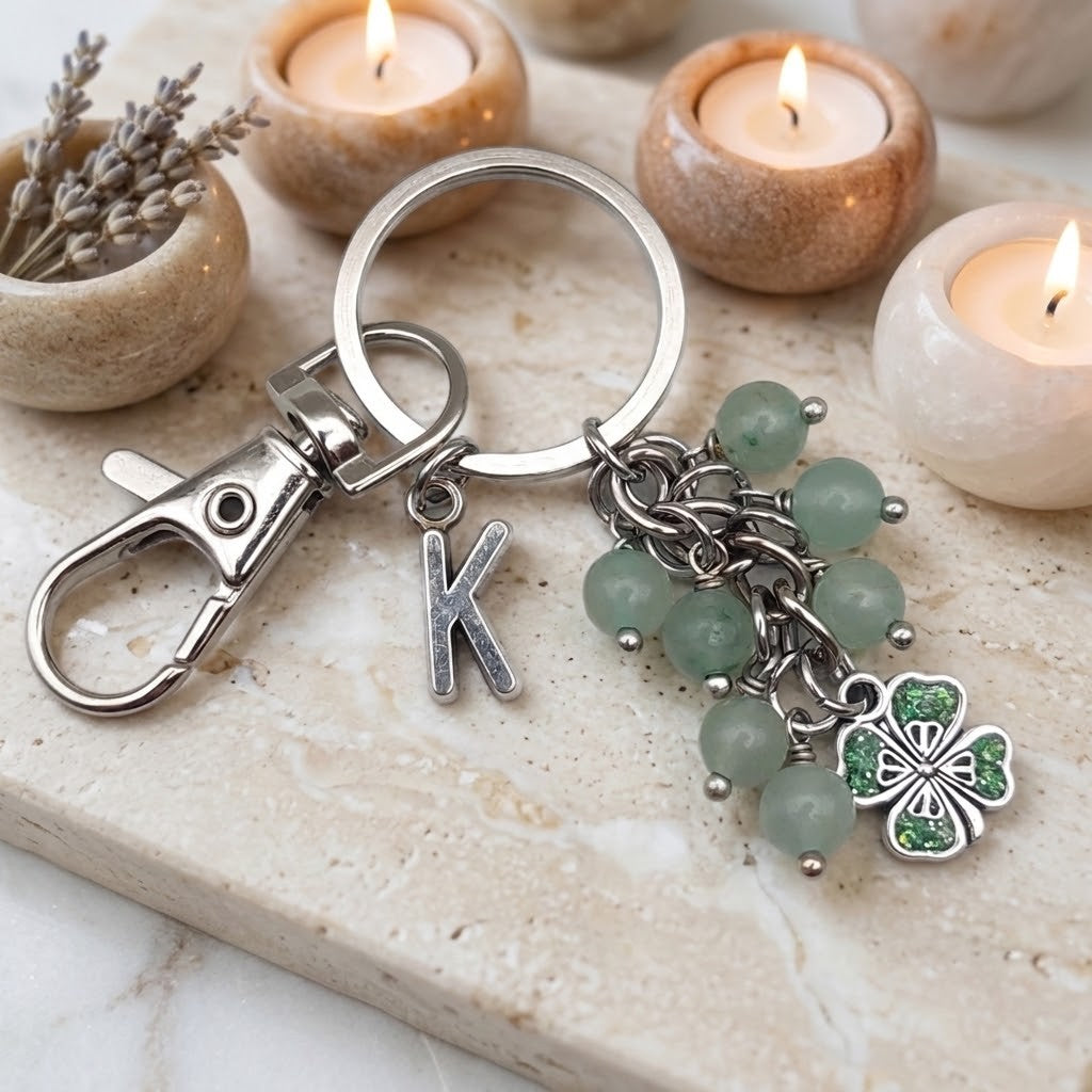 A silver-tone keychain with a lobster clasp, a letter K charm, green bead charms, and a green clover charm, displayed on a stone slab with lit candles in the background.