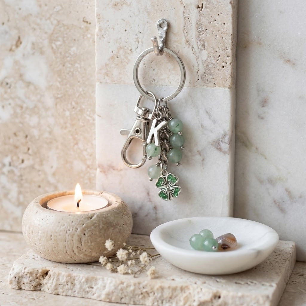 A silver keychain with green bead charms, a four-leaf clover charm, and a letter K charm, hanging on a marble wall. In the foreground, a lit candle in a stone holder and a small dish with green beads sit on a stone surface.