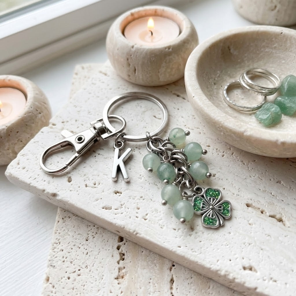 A silver keychain with a lobster clasp, a letter K charm, light green beads, a clover charm, and a green gemstone four-leaf clover charm, styled on a textured stone tray with candles and rings in the background.