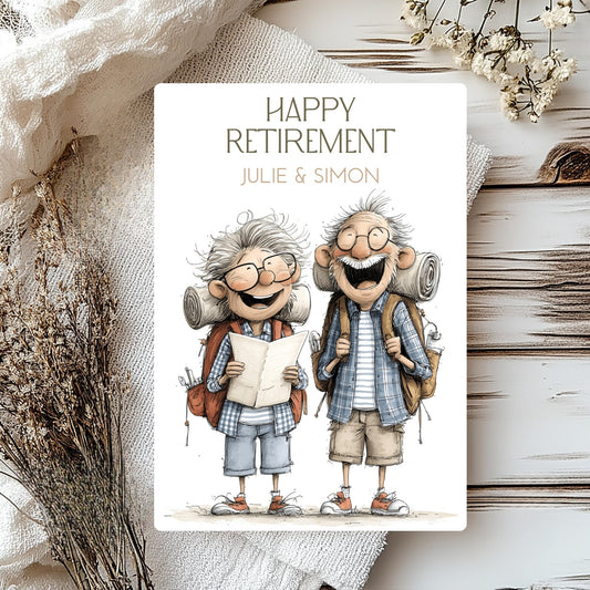 Happy Retirement card with cartoon characters on a textured surface with flowers.