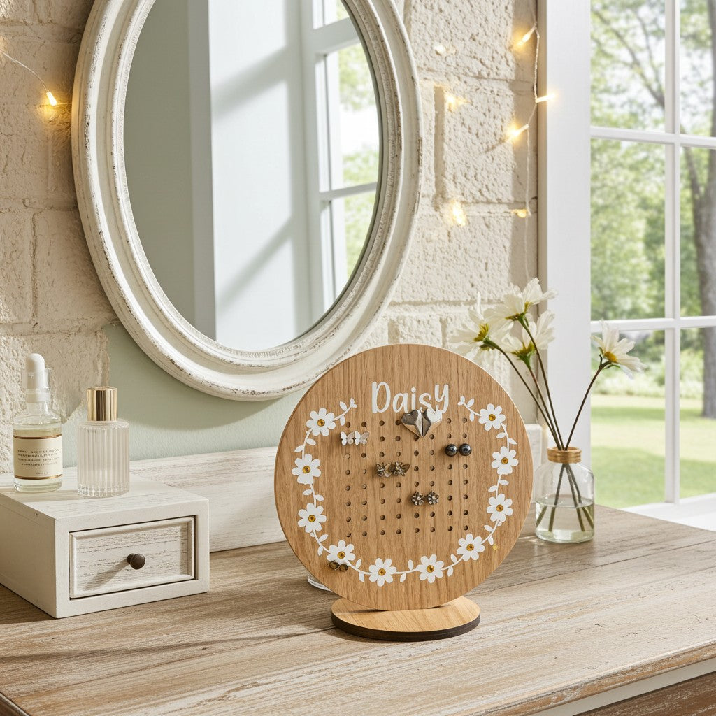 A round wooden jewelry display stand with a floral daisy border and the name 'Daisy' printed at the top, styled on a wooden table in a bright room with a mirror, string lights, and a vase of flowers.