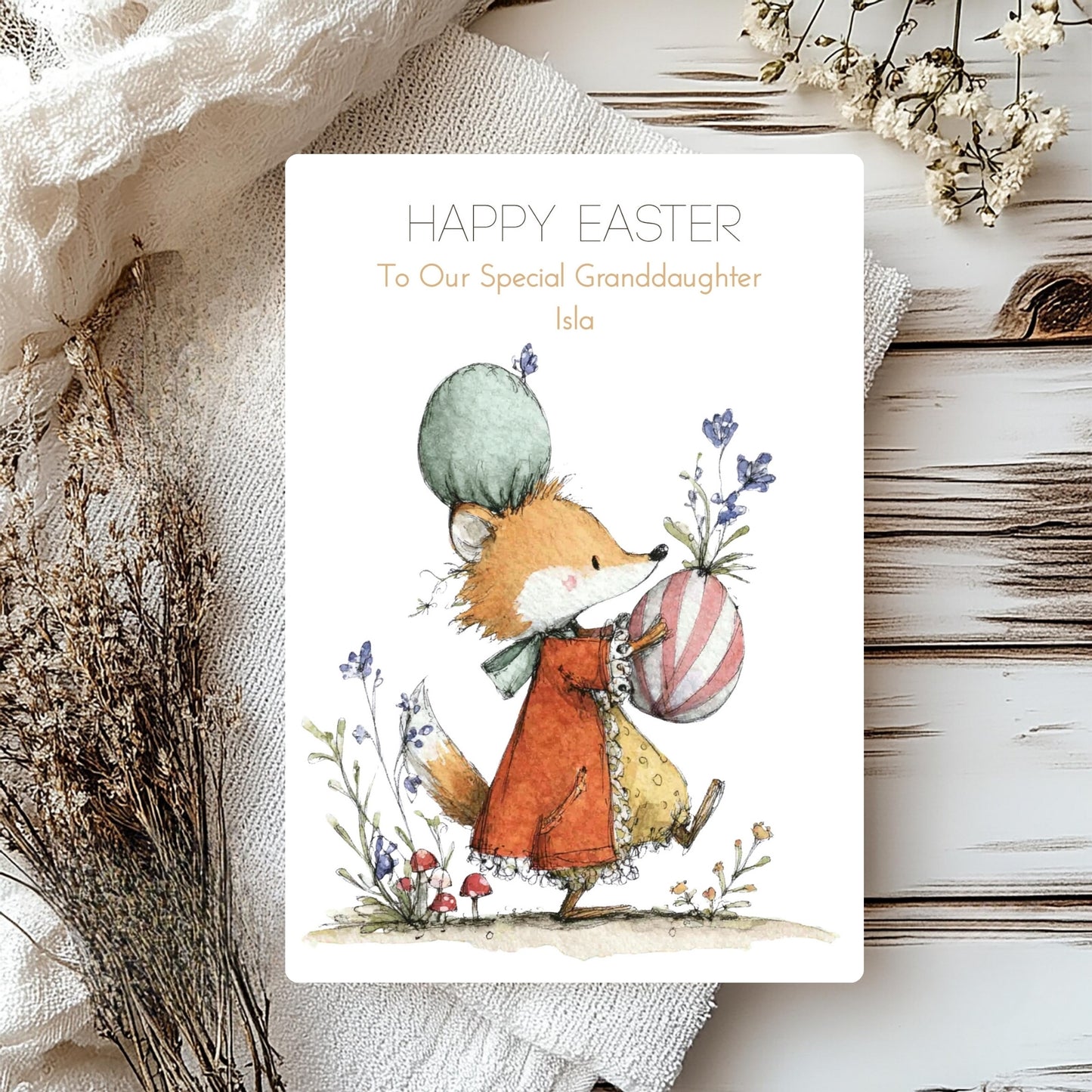 Personalised Easter Greeting Card – Handmade with Fox Illustration