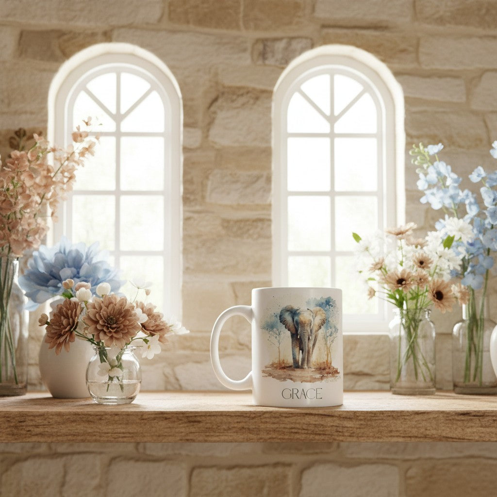 Mug with elephant design on a wooden surface with flowers and windows in the background