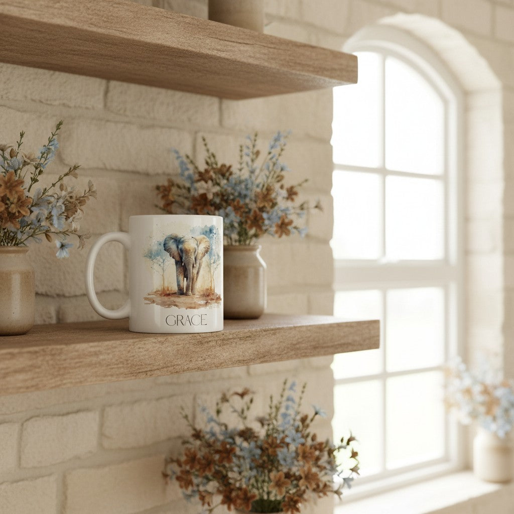 Mug with an elephant design on a wooden shelf with flowers and a window in the background