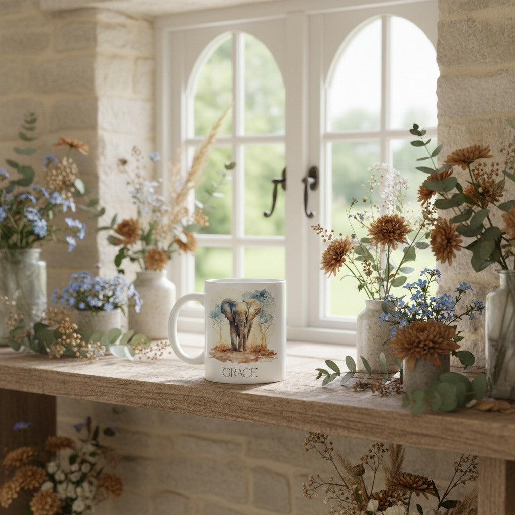 Mug with floral design on a windowsill with flowers and plants