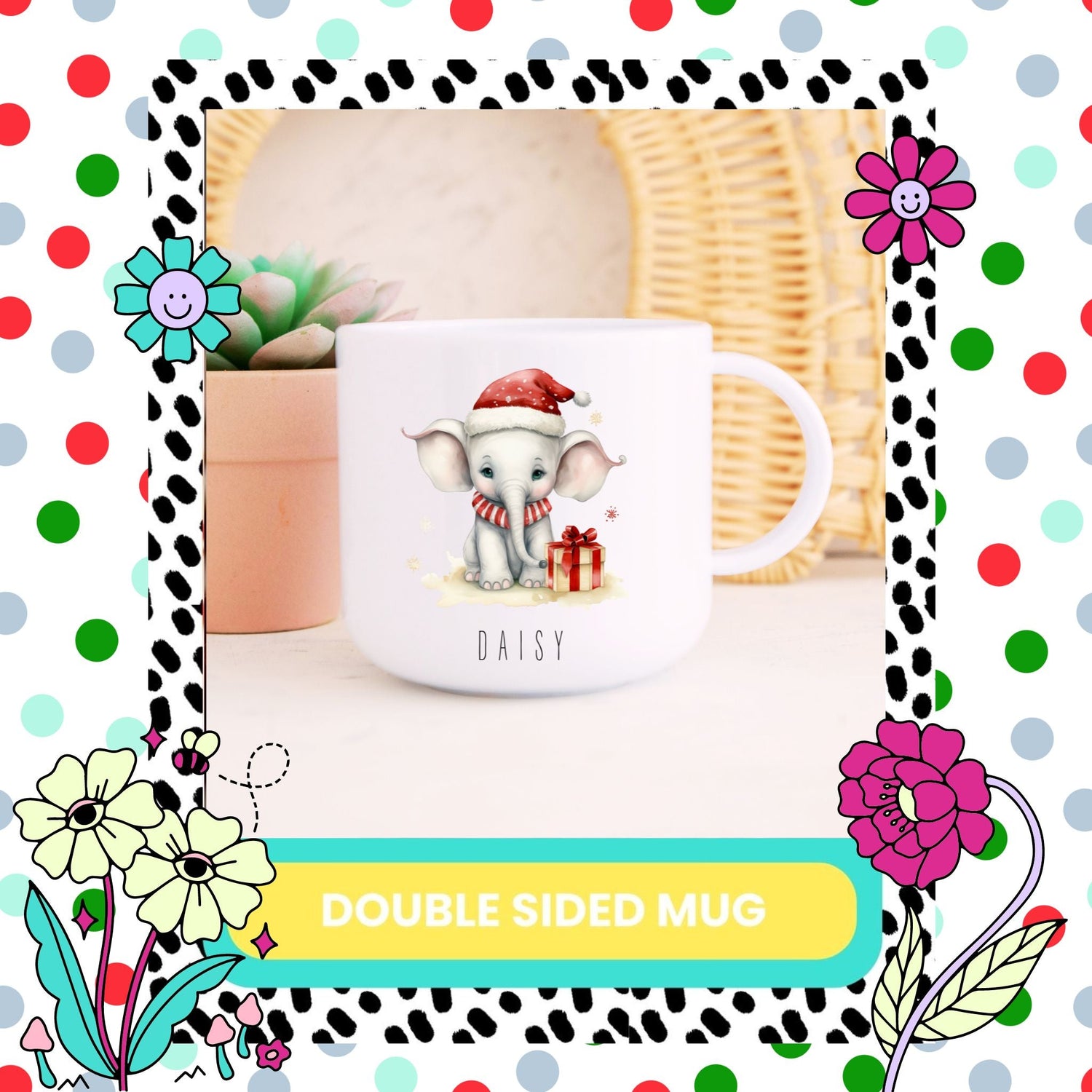 A white unbreakable mug with a personalised elephant design wearing a Santa hat, presented on a festive background with decorative elements.