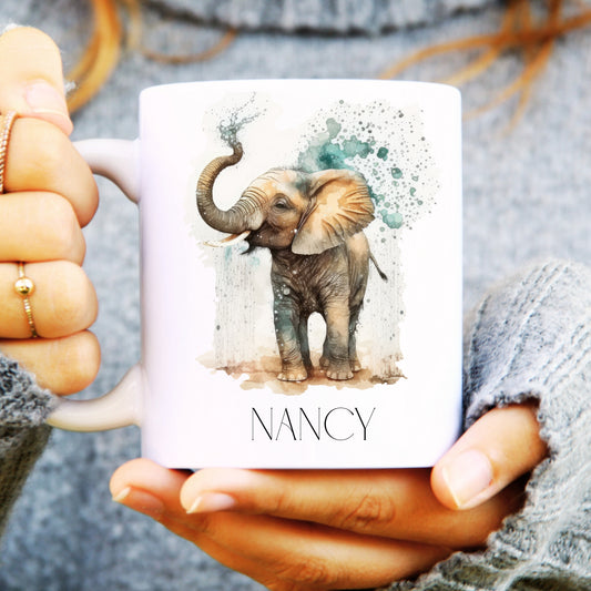 Elephant ceramic mug personalised held in hands