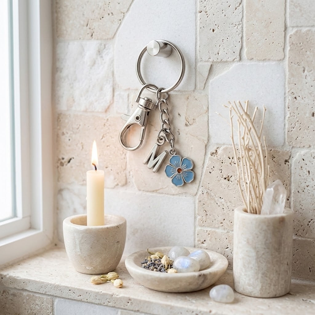 A silver metal key ring holder mounted on a light beige stone wall, holding a keychain with a flower charm and letter charm. Below, a stone ledge holds a lit candle in a holder, a small bowl with crystals, and a container of dried stems.