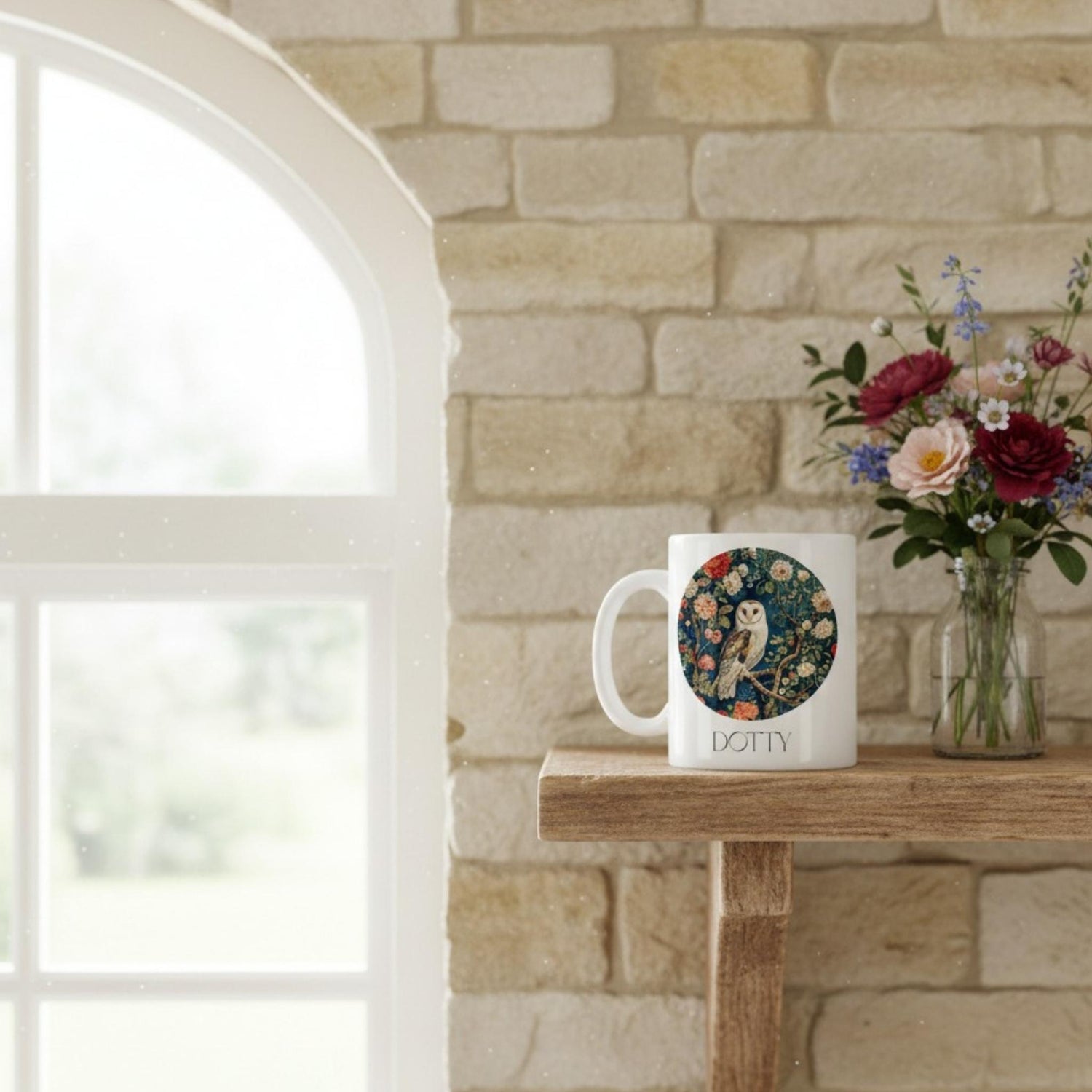 White mug with floral design and owl on a wooden table against a stone wall.