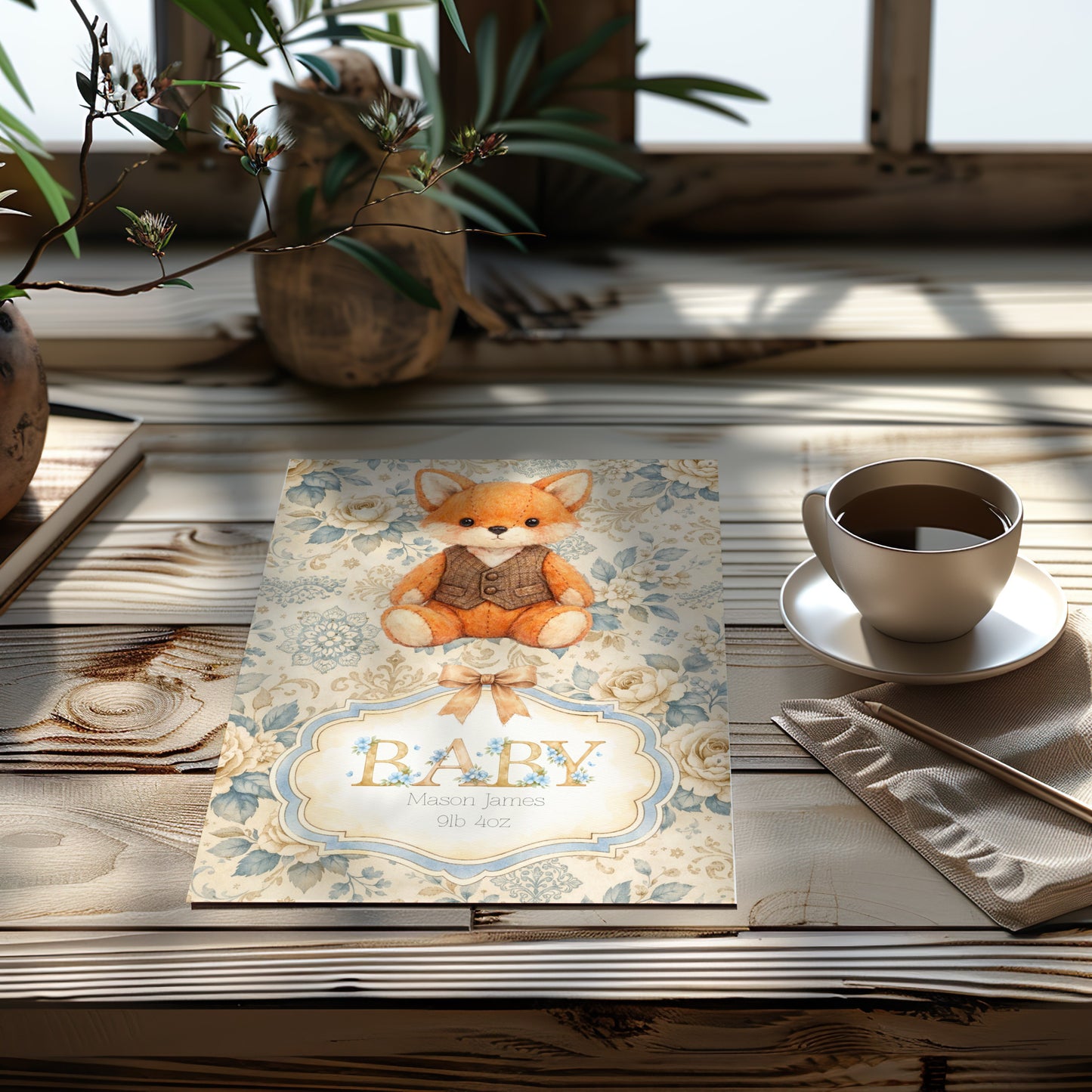 Personalised Baby Fox Card - New Baby Boy