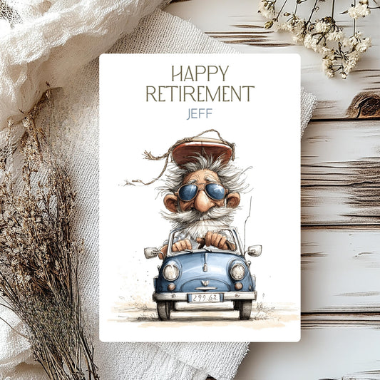 Retirement card with a gnome driving a car, surrounded by decorative elements on a wooden surface.