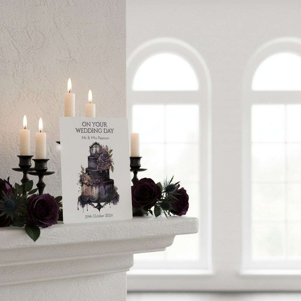 Wedding card with candles and flowers on a white mantelpiece