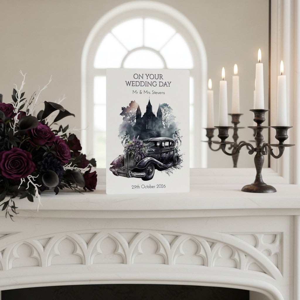 Wedding card with vintage car design on a decorative table with candles and flowers.