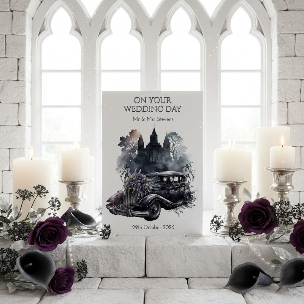 Wedding card with vintage car and castle design in a gothic-style room with candles and flowers.