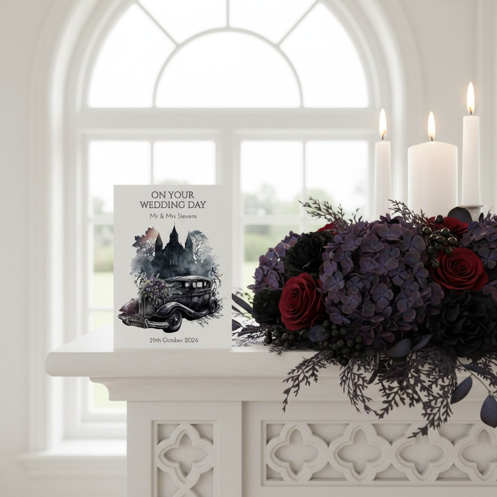 Decorative card with vintage car illustration on a white mantelpiece with flowers and candles.