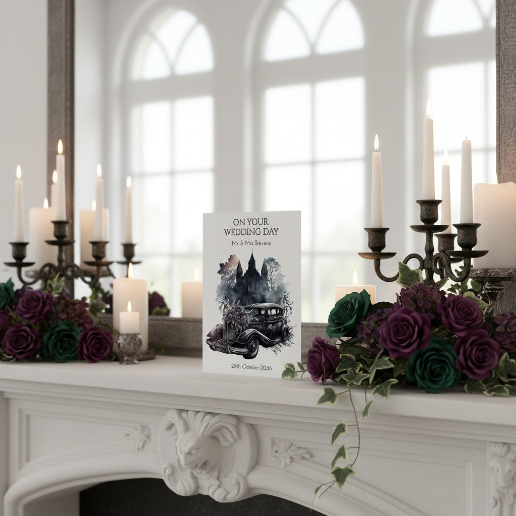 Decorative gothic wedding card on a mantelpiece with candles and flowers in a room with large windows.