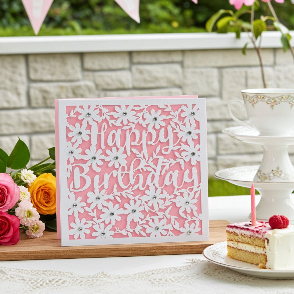 A pink and white laser-cut 'Happy Birthday' greeting card displayed on a wooden board in a styled garden party setting with flowers, a cake slice, and a teacup on a pedestal.