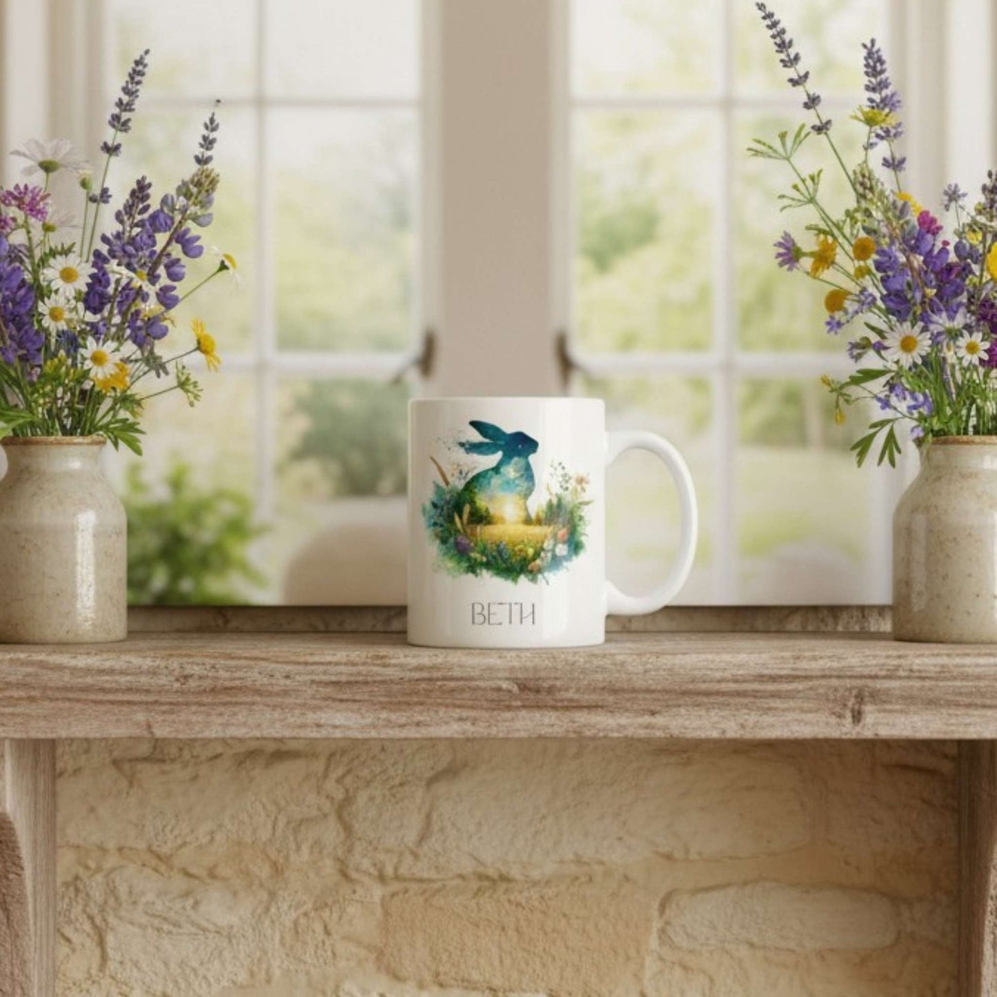 Mug with a hare design on a wooden surface with flowers in the background