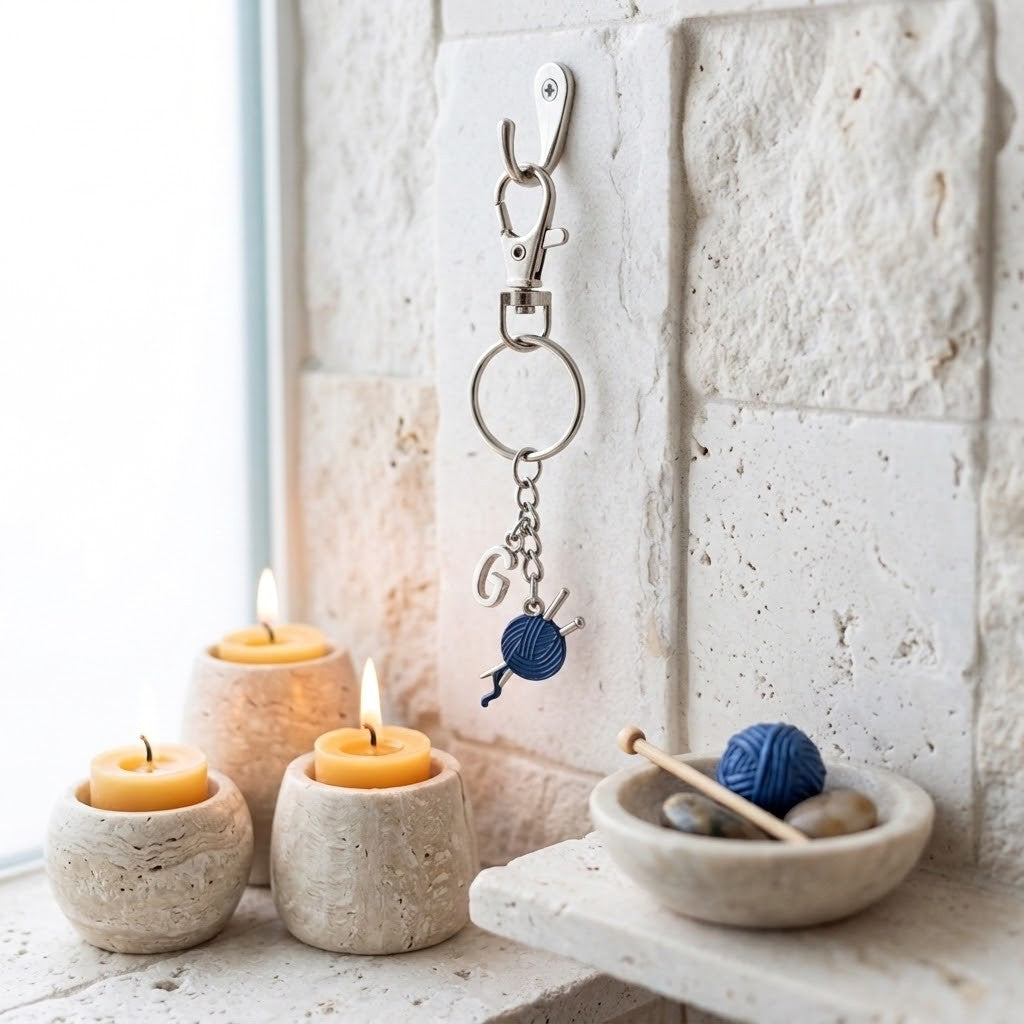 A silver metal keychain with a crochet hook charm hangs on a textured white stone wall hook. The scene is styled with three lit candles in stone holders and a small bowl containing blue yarn and a wooden crochet hook, creating a cozy, handmade aesthetic.