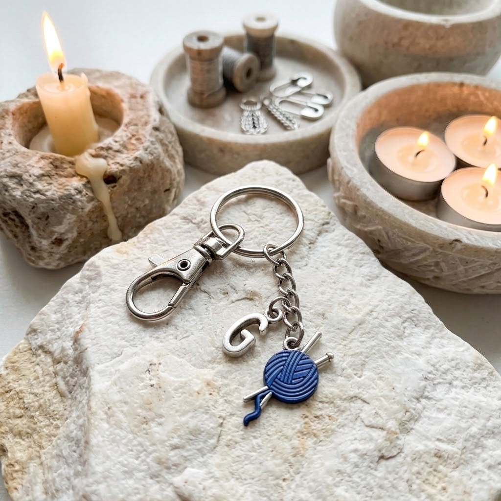 A silver-toned keychain with a lobster clasp, a letter charm, and a blue yarn ball charm with knitting needles, displayed on a stone surface with candles and spools of thread in the background.