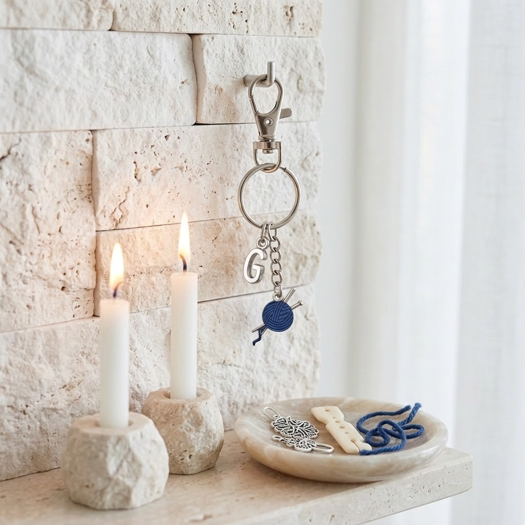 A silver metal keychain with a blue yarn ball charm hangs from a hook on a light stone wall above a shelf with two lit white candles and a small dish containing jewelry.