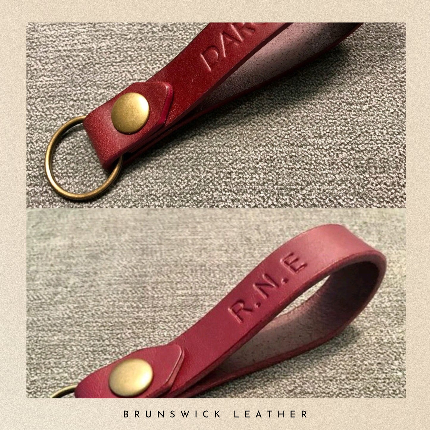 Burgundy leather keychain with gold ring and 'R.N.E.' engraving on a textured surface, branded 'Brunswick Leather'.