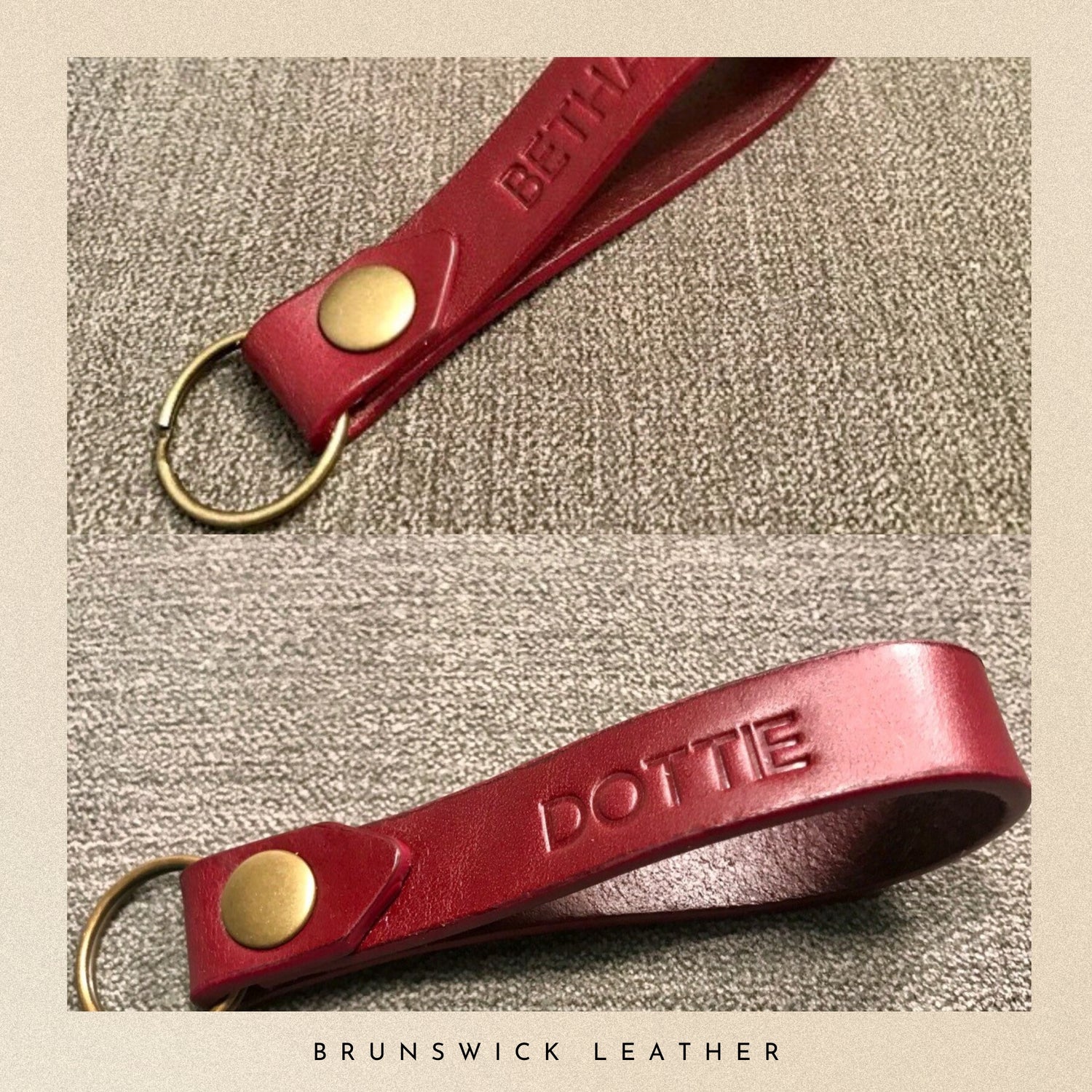 Burgundy leather keychain with gold accent on a textured beige background, branded 'Brunswick Leather'.