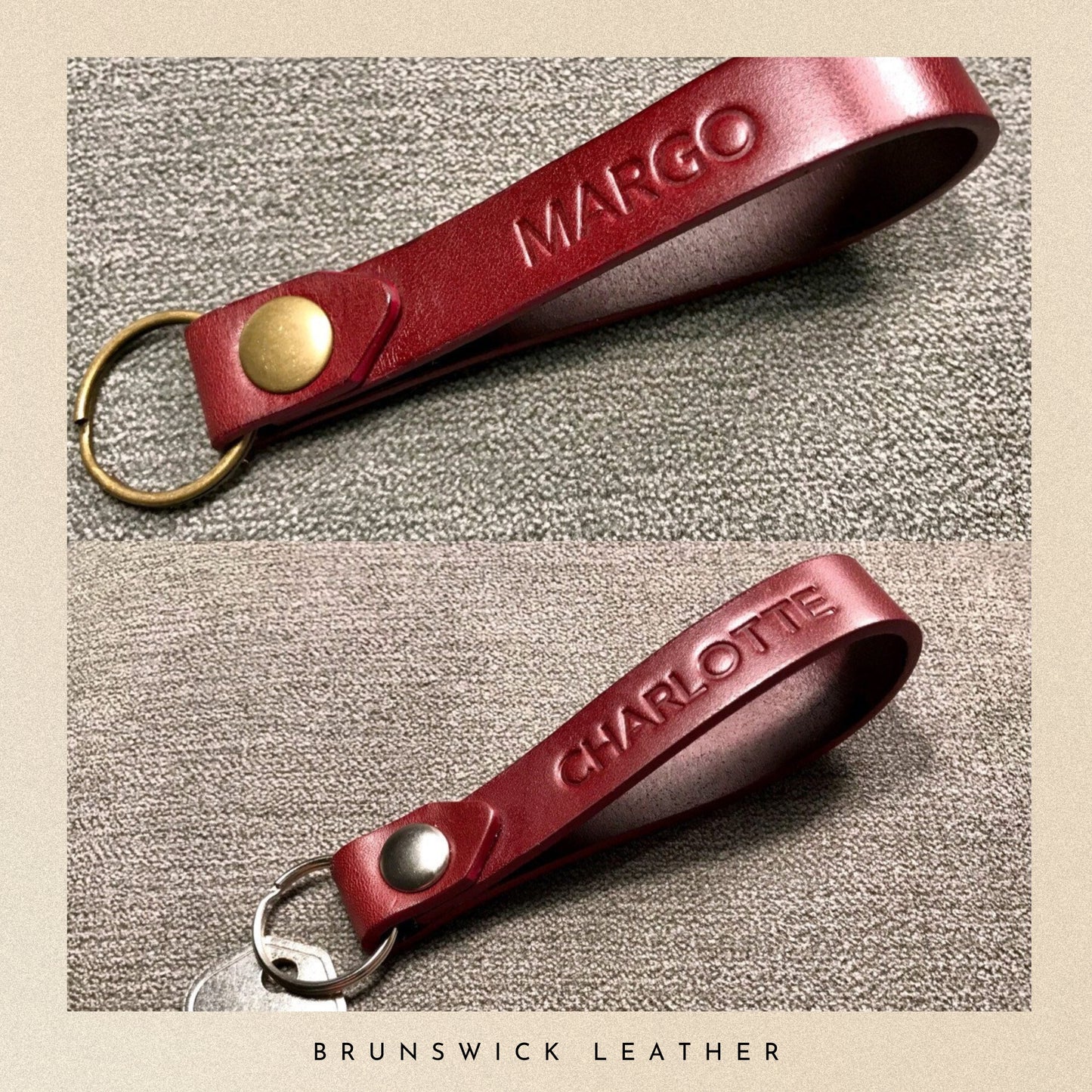 Two burgundy leather keychains with engraved names on a textured beige background, branded 'Brunswick Leather'.