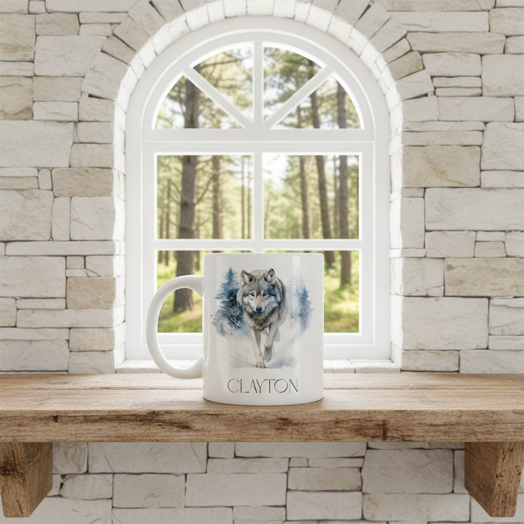 Mug with a wolf design on a wooden surface in front of a window with a stone wall background