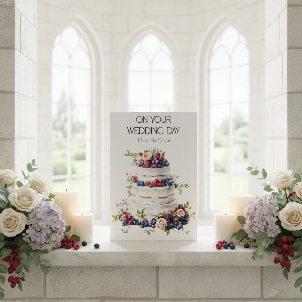 Decorative card with a wedding cake illustration and floral elements on a windowsill with candles and flowers.
