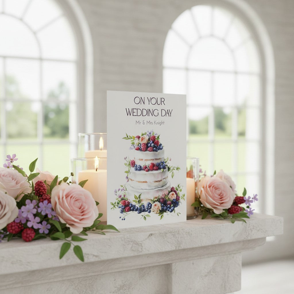 Wedding card with cake illustration on a marble surface with floral decorations.
