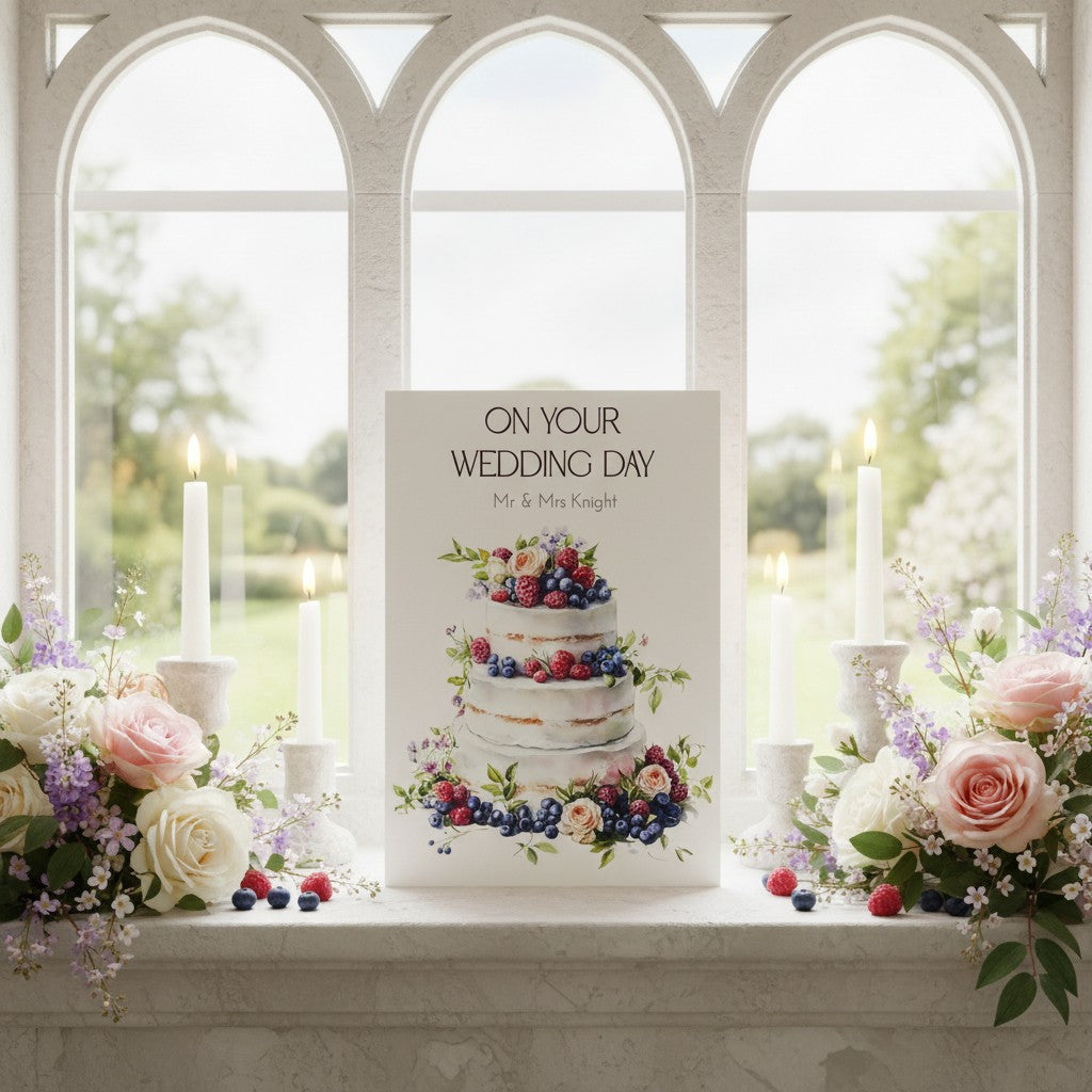 Decorative card with a wedding cake illustration on a windowsill with flowers and candles.
