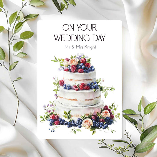 Wedding card with a cake illustration and 'On Your Wedding Day' text on a white background with green leaves.