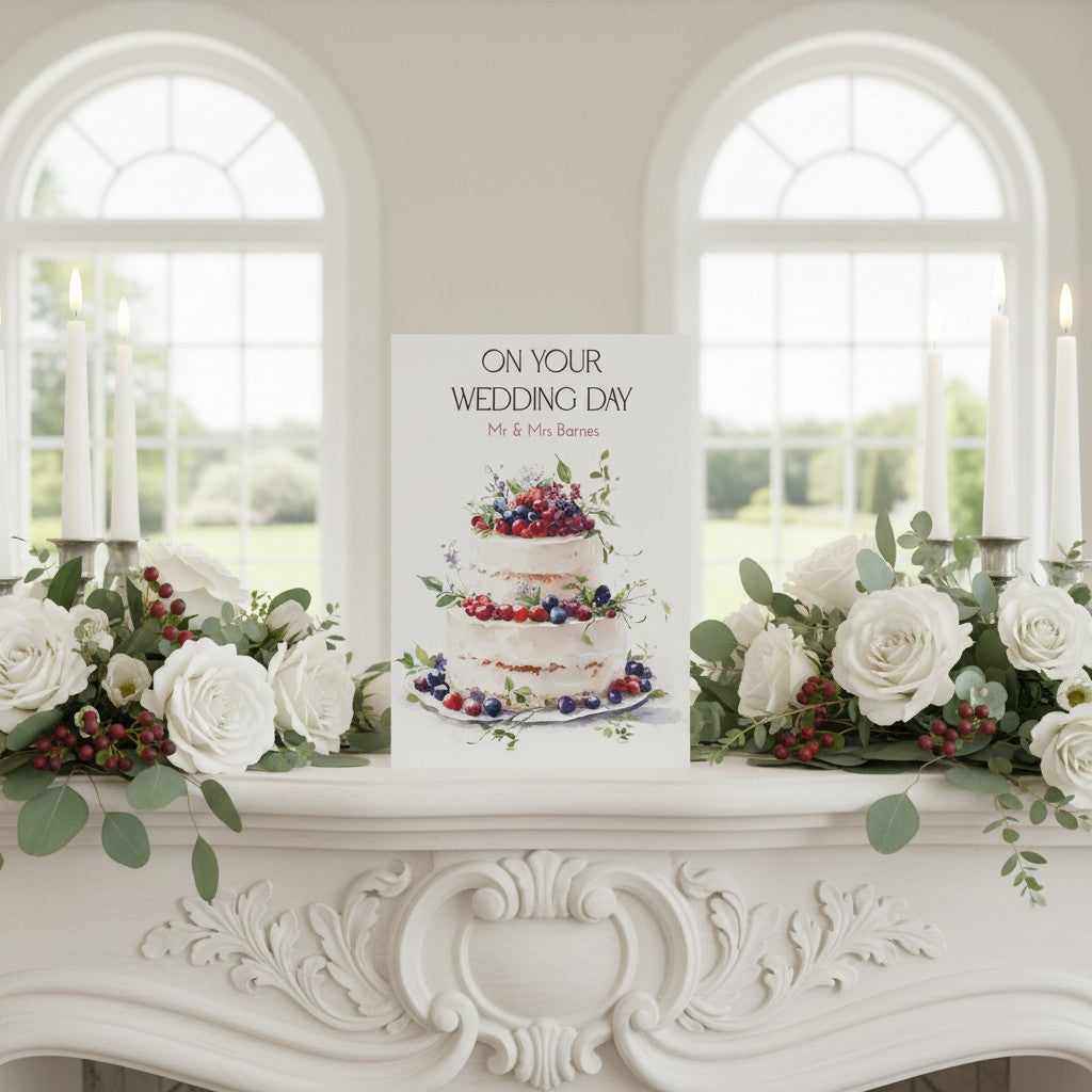 Decorative setup with a wedding cake card and floral arrangements on a mantelpiece.
